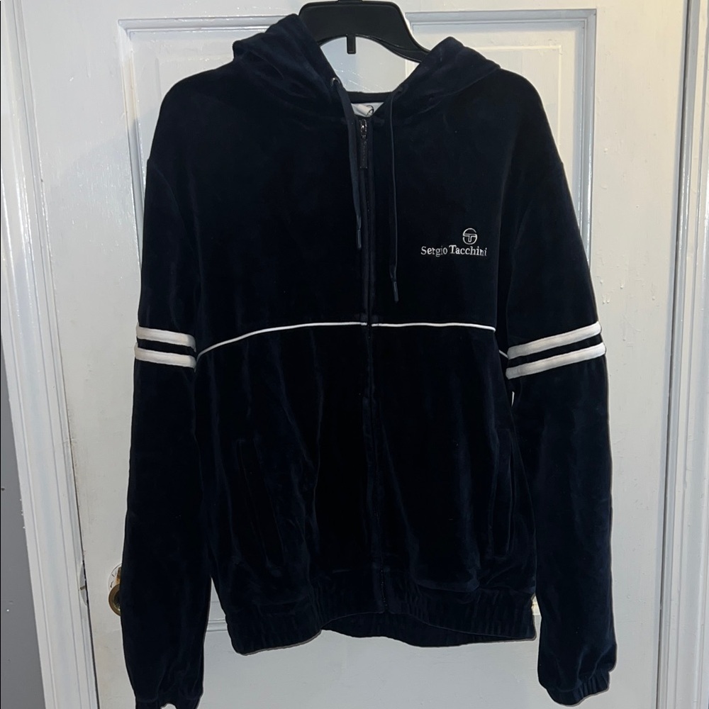 Sergio Tacchini Navy Velour Hoodie with White Stripes